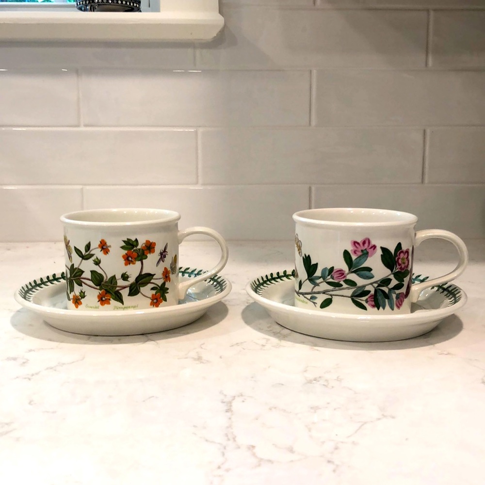 Lot of 2 Vintage Portmeirion Botanic Garden Drum Mugs with Saucers